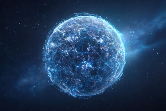 Abstract glowing blue energy sphere with intricate fractal patterns and light flares in deep space