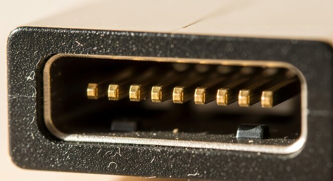 Closeup of a mini displayport connector showing the pins in detail for electronics and technology