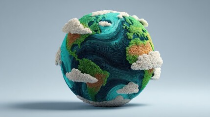 A vibrant stylized representation of planet earth shaped like an egg adorned with fluffy white clouds and green landmasses against a soft blue background