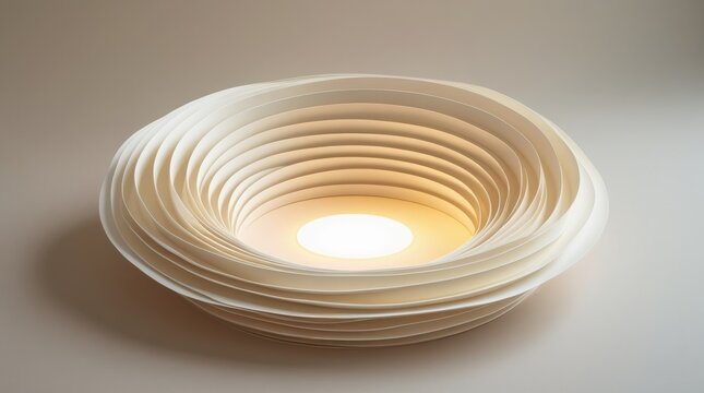 Elegant modern lamp, layered paper design, warm glowing light, creating abstract aesthetic, studio shot minimalist art.