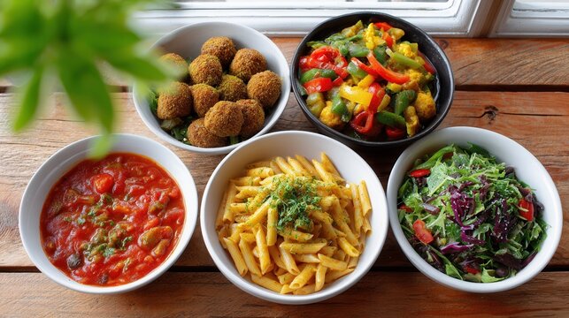 A colorful assortment of vegetarian dishes including pasta, salad, and vegetables, arranged on a wooden table, perfect for healthy meal inspiration.