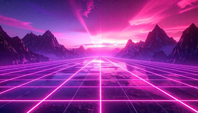 Illuminated landscape with neon grids reflects a vibrant, futuristic environment featuring mountainous silhouettes against a bright, colorful sky dominated by pinks and purples, creating a sense of...