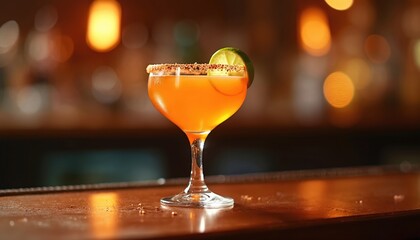Elegant cocktail with lime sits on bar. Orange drink has salt rim. Stylish glass reflects light with blurred lights background. Festive vibe for drink menu presentation. Party time.