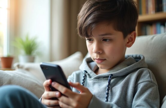 Boy uses smartphone in home interior. Teenager sits on sofa, browse content on mobile phone. Student interacts with device, plays video games in apartment. Kid is social networking