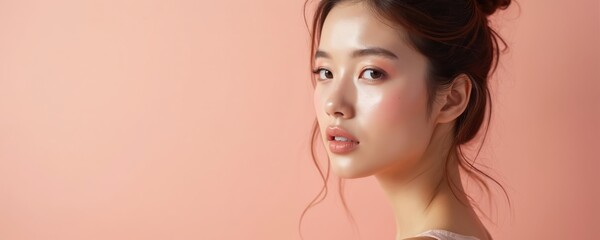 Young Asian woman with glowing skin and soft makeup. She has her hair up in a bun. The background is a soft peach color, creating a gentle aesthetic. Her makeup includes subtle blush and lip color.