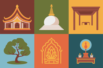 Outline color icons for Asian religion, illustrating pagoda, temple, shrine, stupa, Bodhi tree, and sitting Buddha statue,