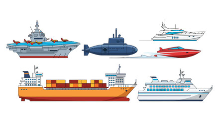 A collection of various sea vessels including an aircraft carrier, submarine, yacht, speedboat, cargo ship, and cruise liner.