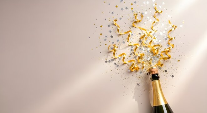 Vector illustration of an abstract gold champagne splash background with stars and a magic wand - Powered by Adobe