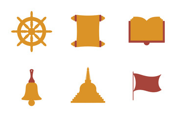 Detailed flat vector icons for Buddhism, featuring Dharma wheel, scroll, book, bell, flag, and religious symbols for wisdom,