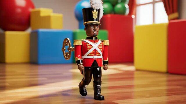 Animated Black toy soldier marches across a wooden floor. Classic wind-up toy in a children's playroom with colorful blocks. Nostalgic Christmas theme