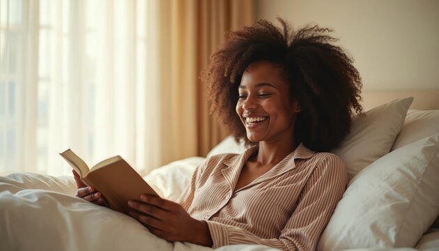 Young black woman happily reads book in cozy bed. Smiling, relaxed person enjoys morning routine with sunlight and soft pillows. She is learning a new story or information. - Powered by Adobe