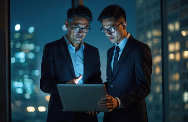 Two Asian businessmen collaborate on laptop in office at night. Men in suits discuss business plan together. Colleagues work late, reviewing data and project on computer in corporate setting.