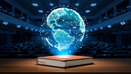 Book projecting a glowing global network in a modern lecture hall