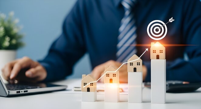 Businessman and businesswoman drawing investment concept graphs on a whiteboard with a real estate building model