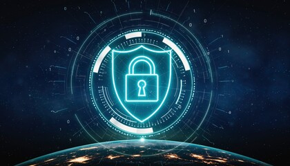 Glowing digital security shield protecting a global network over Earth from space