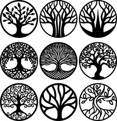 tree of life round silhouette svg, bundle of minimalist tree ornament decor, ornate tree frame display, tags, suncatcher, family tree, table or shelf sitter, laser ready cut files, glowforge cricut