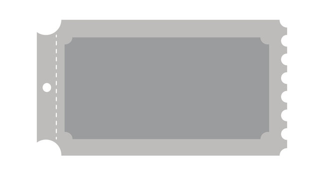 A simple, elegant graphic of a blank grey ticket illustration on a black background.