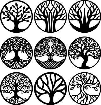 tree of life round silhouette svg, bundle of minimalist tree ornament decor, ornate tree frame display, tags, suncatcher, family tree, table or shelf sitter, laser ready cut files, glowforge cricut