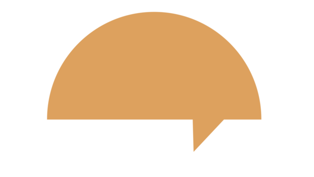 Simple graphic depicting a speech bubble in earth tones on a black background.