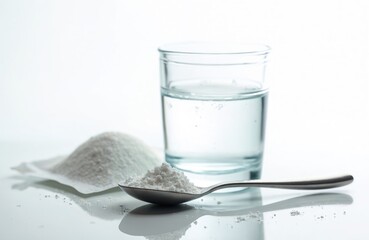 ORS powder for rehydration solution sits next to glass of clear water. Spoon holds medical powder. Healthy drink preparation for illness recovery or sport.