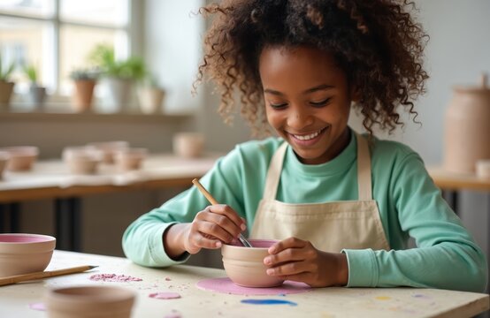 Happy young girl enjoying pottery workshop in art studio. Child smiling works with clay making ceramic bowl with brush. Cute kid learning pottery in school class. Creative handmade hobby.