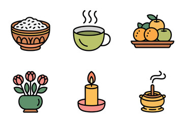 Flat vector icons for simple spiritual offering, featuring bowl of rice, incense, potted plant, candle, and fruit,
