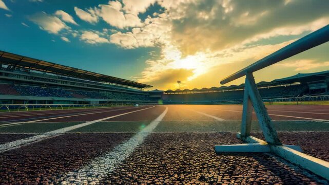 Outdoor running track in stadium with hurdle at sunrise