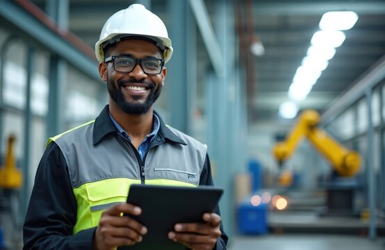 Smiling male engineer in hard hat, safety vest holds tablet. Works in modern industrial factory setting. Robotic arm operates welding in background. Man manages smart tech, oversees future