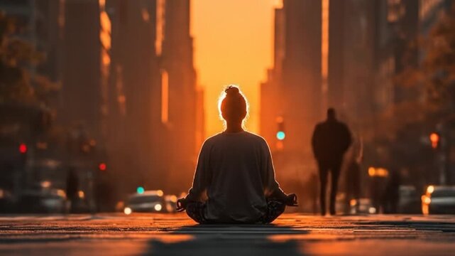 Person meditating on street amidst urban chaos during golden hour
