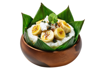 Banana pudding dessert with whipped cream in wooden bowl with green leaves, isolated on white background, concept of sweet treat