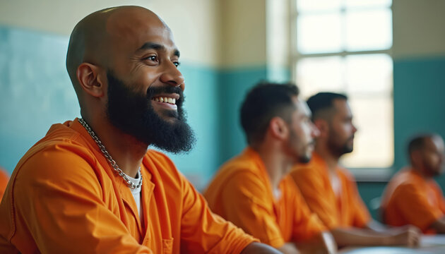 Men in orange jumpsuits attend class in prison. They listen and learn vocational skills. Rehabilitation and education offer hope for future change and success.