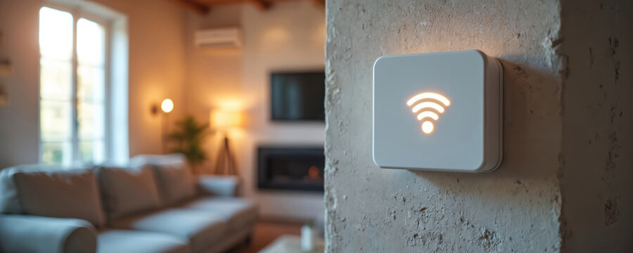 Smart home panel with glowing wi-fi symbol manages home automation system. Device is mounted on wall in modern living room controlling connected devices for comfort and convenience.