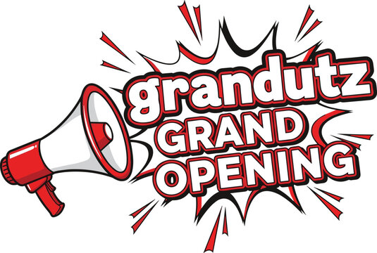 Grand, opening, announcement, megaphone, burst, red, white, black, graphic, bold, text, explosion, event, launch, store, business, promo, dynamic, fun, design