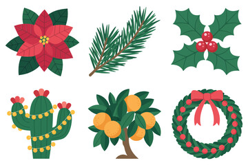 Flat vector icons for holiday season, featuring poinsettia, holly, cactus, citrus fruit, and festive decorative wreath,