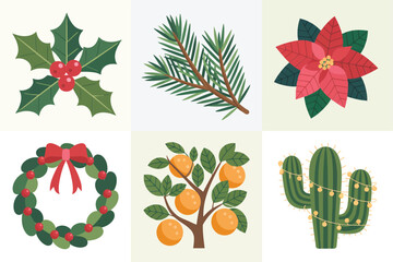 Obraz premium Outline color icons for winter and holidays, illustrating poinsettia, holly, wreath, cactus, and citrus fruit decorations,