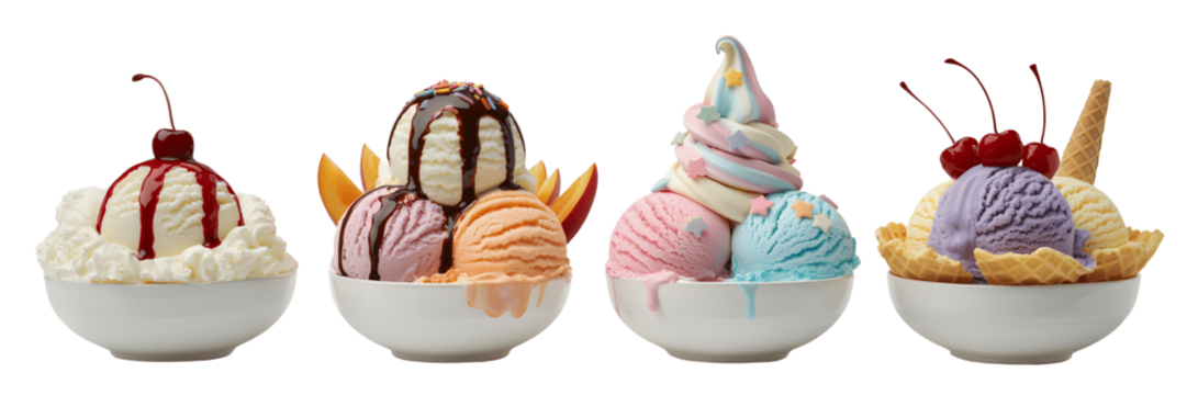 Variety of ice cream bowls isolated on transparent background