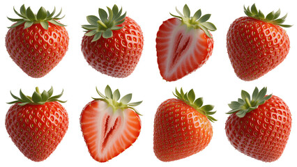 Eight fresh strawberries isolated on transparent background