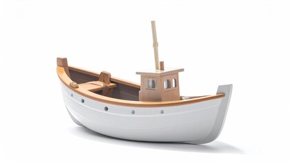 Fototapeta premium Toy boat, white hull, wooden accents, isolated on white