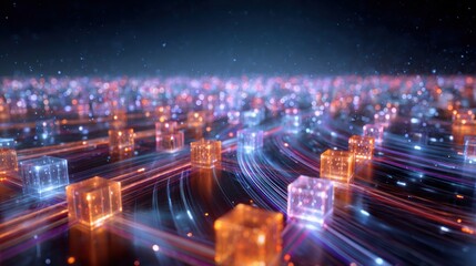 A mesmerizing digital landscape showcasing illuminating cubes and flowing light trails, symbolizing advanced technology.