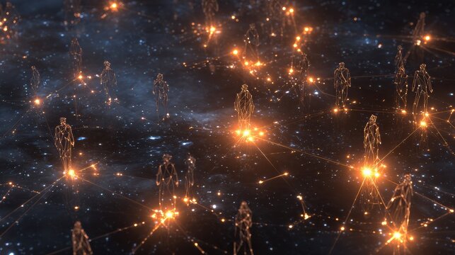A mesmerizing digital landscape showcasing glowing figures in a cosmic network of stars and connections.