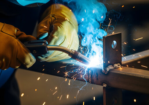 Closeup of a welder in protective gear welding a metal structure with bright sparks flying, showcasing the precision and skill involved in metalwork - Powered by Adobe