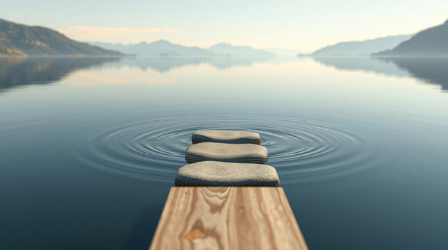 Serene View of Stepping Stones and Wooden Plank Leading Across Calm Lake Water with Gentle Ripples, Symbolizing Balance, Progress, Meditation, and Tranquil Challenge