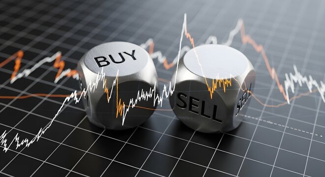 Buy and sell dice with stock market graph overlay representing investment choices