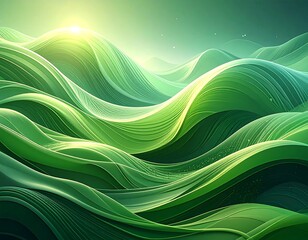 Flowing, abstract emerald waves under a luminous, sunlit sky