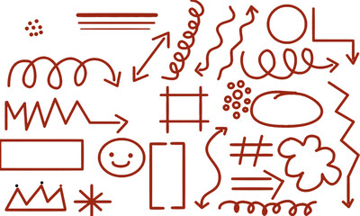 Red abstract doodle lines and arrows on white background. Minimalist hand-drawn geometric shapes and sketch style art symbols.