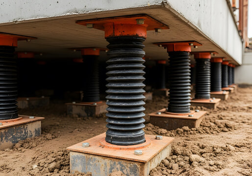 Foundation repair with adjustable steel piers supporting a concrete slab, showcasing a structural solution for settling or damaged foundations in construction