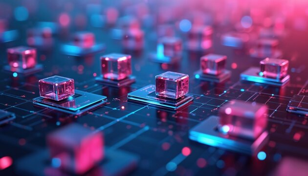 Digital abstract blocks form a network structure. Futuristic geometric shapes connect in a 3D grid. Modern tech design with blue and pink neon lights.