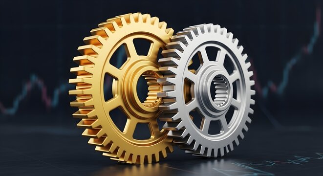 Golden and silver gears meshing together representing teamwork and collaboration - Powered by Adobe