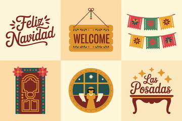 Flat vector icons for Feliz Navidad, showing welcome signs, traditional Mexican door, festive table, and decorative banners,