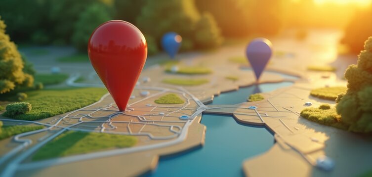 Red location pin marks business address on detailed 3d city map. Concept of local seo for online visibility, customer search. Geolocation marketing strategy to find destination point, optimize